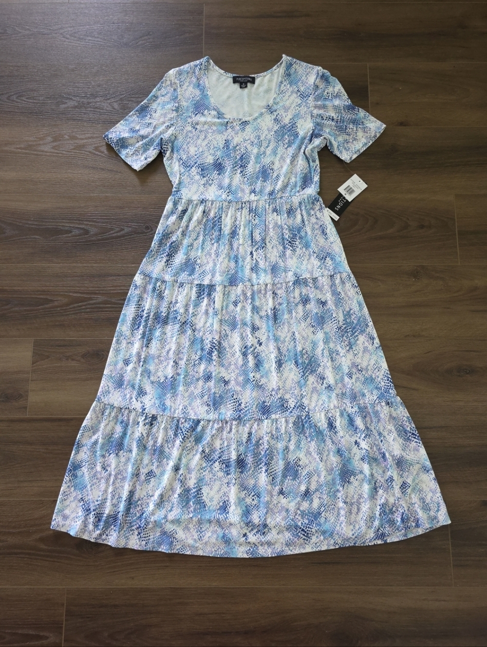 Perceptions New York Tiered Short-Sleeve Maxi Dress in Blue Print M
